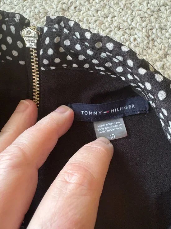 Tommy Hilfiger Black A Line Dress 10 Polka Dot Sheer Sleeve Office Chic - Picture 3 of 9